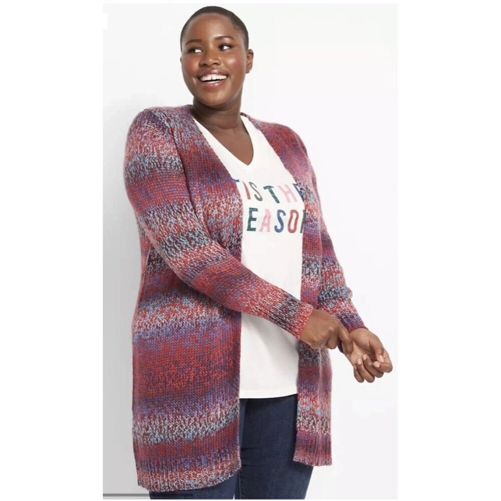 Lane Bryant Women Plus Size 22/24 Spacedye Chunky Knit Cardigan Sweater Red/Blue